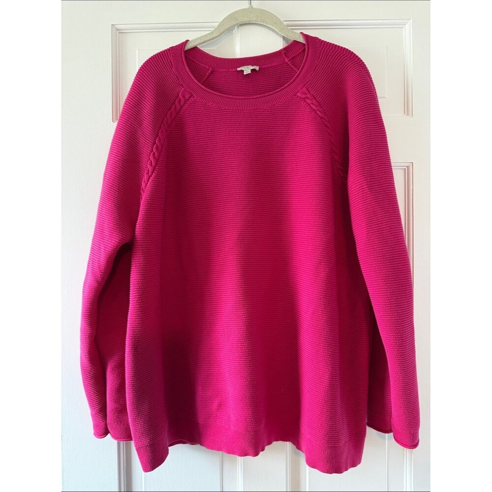 Talbots Hot Pink Crewneck 100% Cotton Sweater Size 3X Plus Cable Textured Raglan